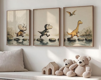 Dinosaur Wall Art Set, T Rex, Triceratops and Brachiosaurus Boys Bedroom Posters, Playroom Prints