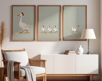 Christmas Wall Art Set of 3, Whimsical Goose Nursery Prints, Festive Holiday Decor