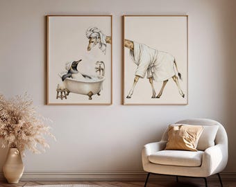 Funny Bathroom Wall Art Set, Giraffe Bath Prints, Penguin Bathtub Decor, Animal Bathroom Art