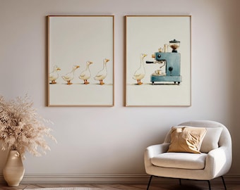 Goose Coffee Bar Wall Art Set of 2, Funny Goose Kitchen Prints, Coffee Station Decor, Farmhouse Kitchen Wall Art, Geese Cafe Prints