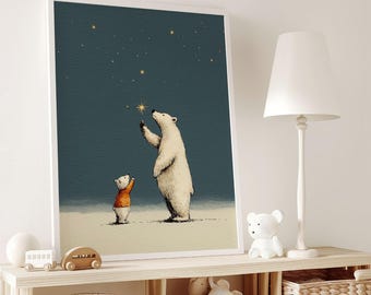 Polar Bear Nursery Wall Art, Mama & Baby Bear Print, Moon and Stars Kids Room Decor, Starry Night Childrens Poster
