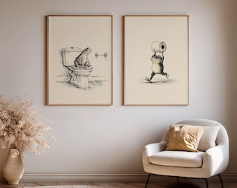 Funny Frog Bathroom Wall Art Set | Vintage Frog Toilet Prints | Quirky Cottagecore Bathroom Decor