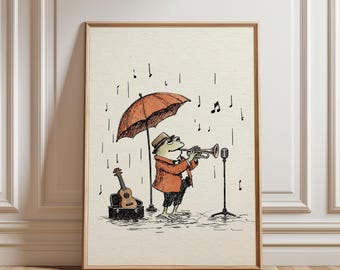 Jazz Frog Music Room Wall Art, Whimsical Trumpet Player Print, Musician Gift