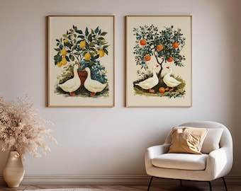 Goose Kitchen Wall Art Set of 2, Vintage Lemon and Orange Fruit Prints, Farmhouse Decor
