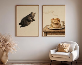 Bear Kitchen Wall Art Set of 2, Breakfast Nook Decor, Whimsical Pancake Prints