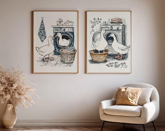 Funny Goose Laundry Room Wall Art Set of 2, Farmhouse Laundry Decor, Vintage Cottagecore Prints