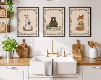 Woodland Animal Kitchen Prints, Tea Lover Wall Art Set, Cottagecore Folk Decor