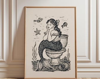 Vintage Mermaid Toilet Art, Whimsigoth Bathroom Decor, Whimsical Siren Print