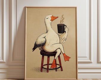 Funny Goose Coffee Wall Art, Goose Coffee Bar Print, Farmhouse Kitchen Decor, Goose With Coffee Art, Rustic Kitchen Wall Decor