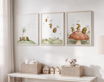 Whimsical Nursery Wall Art Set of 3 – Mouse Rabbit Hedgehog Watercolor Prints – Woodland Animal Decor – Dandelion Mushroom Storybook Art