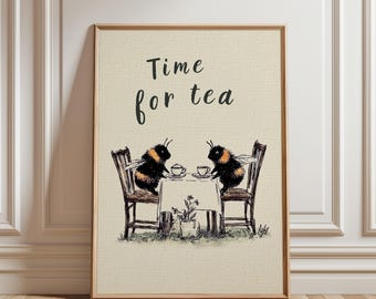 Bee Tea Party Print | Time for Tea Wall Art | Vintage Kitchen Decor | Cottagecore Bumblebee Artwork | Tea Lover Gift