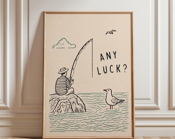 Funny Fishing Print, Coastal Wall Art, Seagull Line Drawing Poster, Nautical Lake House Decor