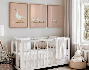 Goose Nursery Wall Art Set of 3, Pink Geese Prints, Farmhouse Decor (Digital Download)