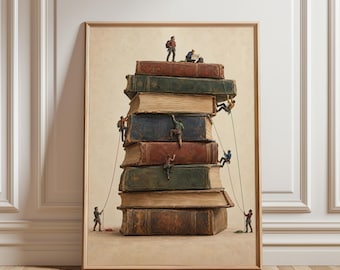 Book Climbing Art Print, Miniature Climbers on Book Stack, Library Decor, Reader Gifts