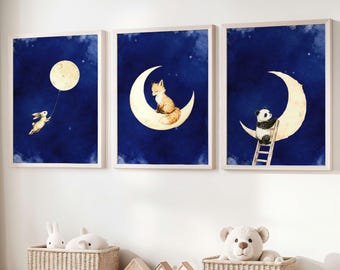 Celestial Animal Nursery Art Prints | Moon & Stars Decor Set | Fox Bunny Panda