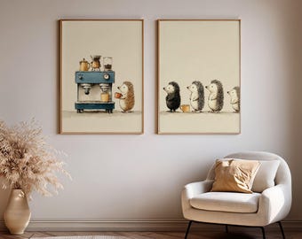 Hedgehog Coffee Bar Wall Art Set of 2, Funny Coffee Station Prints, Cute Kitchen Decor, Cafe Art, Farmhouse Kitchen Gift
