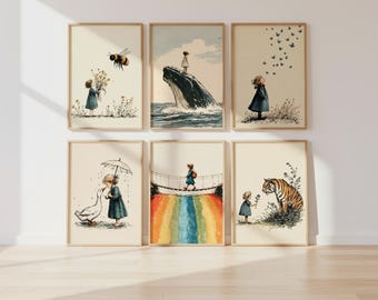 Nursery Gallery Wall Set of 6, Whimsical Storybook Prints, Girls Bedroom Wall Art