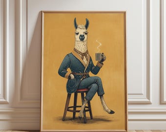 Llama Wall Art Print, Llama Coffee Print, Quirky Farmhouse Kitchen Decor, Vintage Animal Illustration, Coffee Bar Decor, Rustic Wall Art