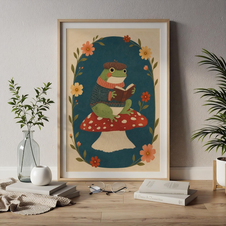 May include: A framed wall art print featuring a green frog wearing a brown beret and a striped sweater, sitting on a red and white spotted mushroom while reading a book. The illustration is framed by a dark blue oval and orange flowers.