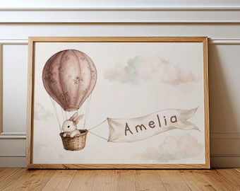 Personalized Girl Name Print, Bunny Hot Air Balloon Nursery Wall Art, Custom Baby Gift