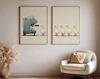 Duck Coffee Wall Art Set of 2, Coffee Bar Prints, Farmhouse Kitchen Decor, Rustic Wall Decor