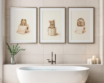 Cute Bathroom Art Set of 3, Frog, Mouse & Hedgehog Toilet Roll Wall Art, Funny Home Decor