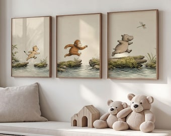 Safari Nursery Wall Art Set, Jungle Animal Prints, Whimsical Playroom Triptych, Storybook Adventure Decor