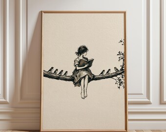 Book Lover Wall Art, Woman Reading Print, Reading Nook Decor, Vintage Literary Art, Cottagecore Bookish Wall Decor