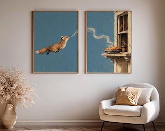 Fox Kitchen Wall Art Set of 2, Whimsical Cottagecore Prints, Baking Gift