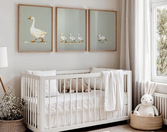 Mother Goose Nursery Wall Art Set of 3 | Watercolor Geese Print | Cottagecore Baby Room Decor | Farm Nursery Art