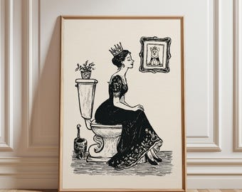 Queen on Toilet Bathroom Print, Funny Bathroom Decor, Corgi Wall Art, Vintage Style Bathroom Artwork