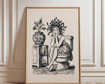 Medusa Toilet Art Print, Funny Gothic Bathroom Decor, Vintage Mythology Poster