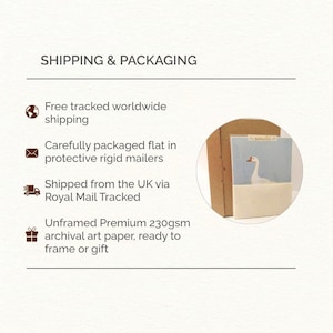 May include: An art print featuring a white goose on a light blue background, with the word "sunworld" visible. The image is packaged in a brown cardboard mailer. The text on the image says "SHIPPING & PACKAGING".
