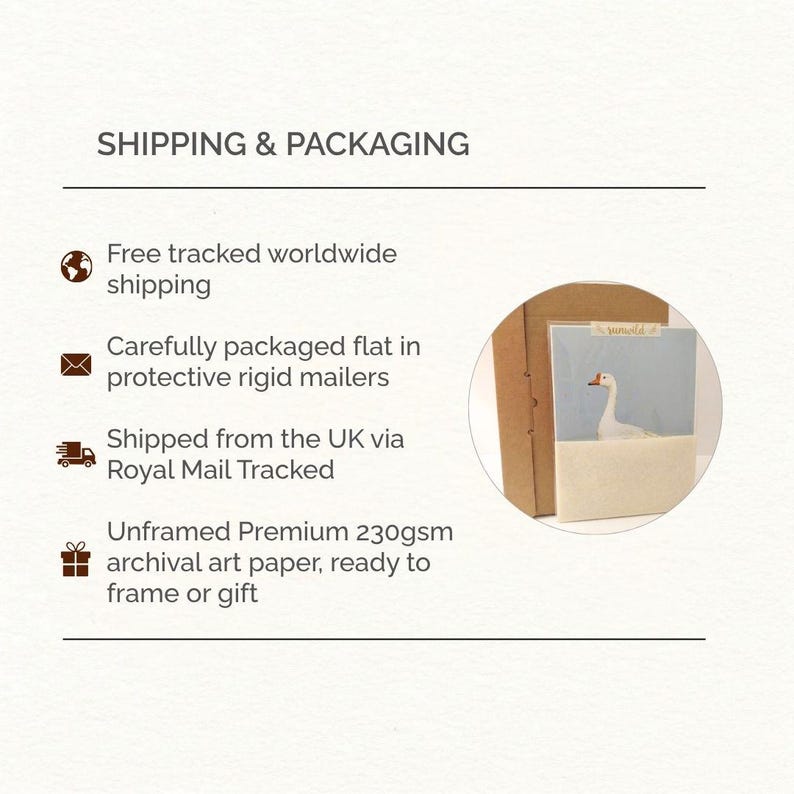 May include: An art print featuring a white goose on a light blue background, with the word "sunworld" visible. The image is packaged in a brown cardboard mailer. The text on the image says "SHIPPING & PACKAGING".