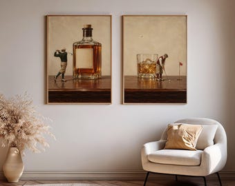 Golf Wall Art Set, Whiskey Bar Cart Prints, Home Bar Decor, Golfer Gift