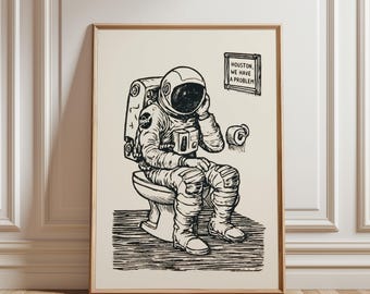 Astronaut Toilet Art Print, Funny Bathroom Print, Quirky Space Poster, Retro Linocut Style