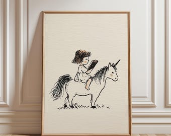 Girl Reading Unicorn Print, Nursery Wall Art, Whimsical Storybook Illustration, Girls Room Unicorn Decor