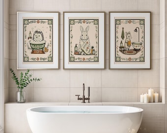 Bathroom Art Set of 3 Prints, Whimsical Woodland Animal, Cottagecore Folk Art Home Decor
