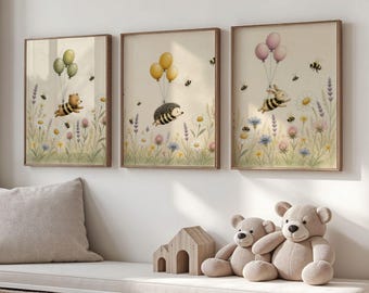 Whimsical Nursery Wall Art Set | Woodland Animal Prints | Bee Balloon Flower Set of 3