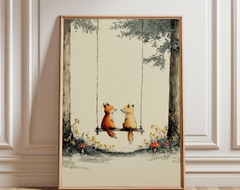 Fox Nursery Print, Woodland Animal Wall Art, Whimsical Forest Nursery Decor, Foxes on Swing