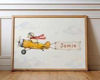 Personalized Name Nursery Print, Vintage Plane Wall Art, Custom Kids Decor