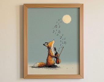Violin Fox Print, Whimsical Animal Violinist Music Room Poster, Printable Wall Art, Digital Download