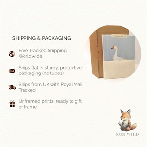 May include: A print of a white goose against a light blue backdrop, presented in a cardboard box. The print is labelled "sunwild", with a fox illustration and the words "RUN WILD" at the bottom. The image also includes text about shipping.