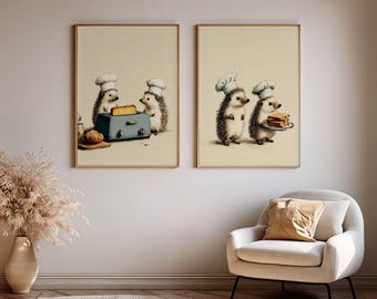 Hedgehog Kitchen Wall Art Set of 2,  Farmhouse Kitchen Art, Breakfast Wall Decor, Whimsical Cottagecore Prints