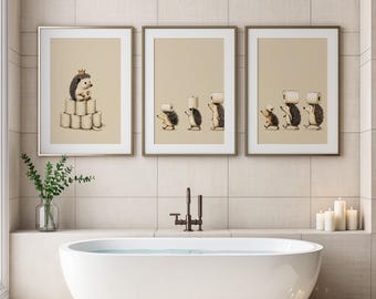 Hedgehog Bathroom Wall Art Set of 3 | Funny Toilet Prints | Woodland Animal Bathroom Print | Cottagecore Home Decor