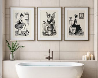 Vintage Bathroom Wall Art Set of 3, Funny Toilet Prints, Unique Elegant Powder Room Artwork