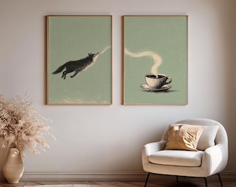 Wolf Coffee Wall Art Set of 2, Whimsical Kitchen Posters, Coffee Lover Gift