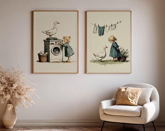 Vintage Goose Laundry Room Art Prints Set of 2, Rustic Farmhouse Cottagecore Decor, Country Storybook Poster Set