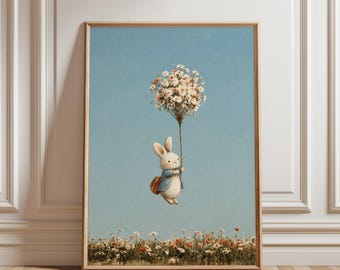 Floral Bunny Nursery Print, Vintage Storybook Baby Room Decor