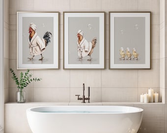 Chicken Bathroom Wall Art Set of 3 | Farmhouse Bath Decor | Rustic Farm Animal Spa Prints